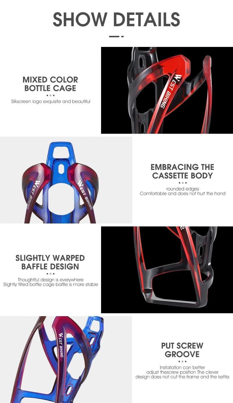 Bike water bottle cage detail views showing mixed-color design and molded edges.