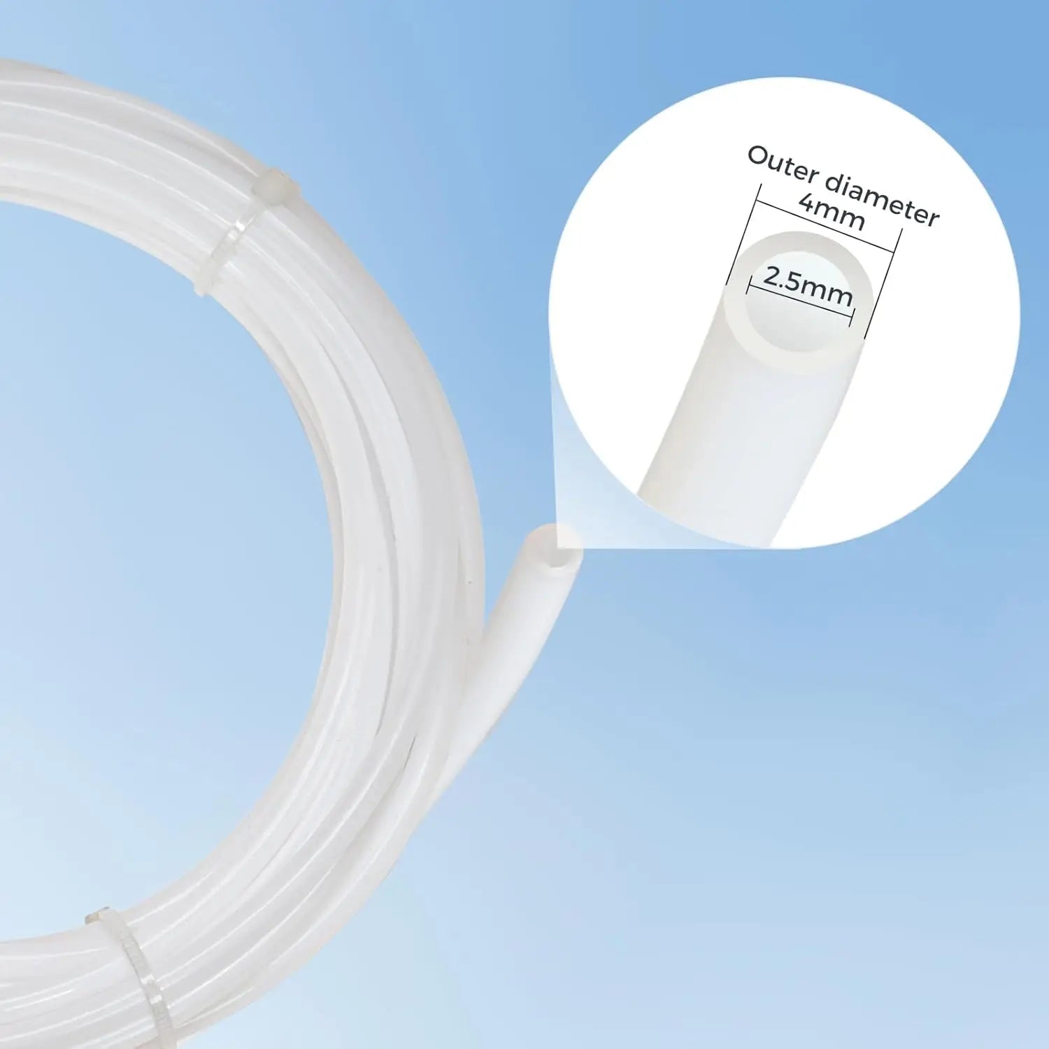 White transparent PTFE tube showing 4 mm outer diameter and 2.5 mm inner diameter