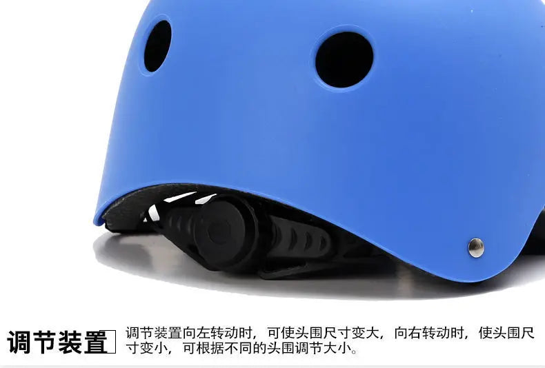 Kids bike helmet in bright blue with adjustable chin strap padding detail.