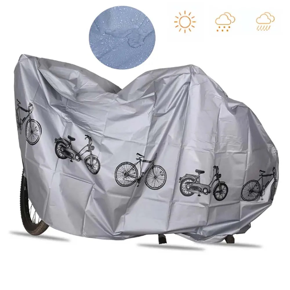Grey waterproof bicycle cover with bike illustrations, full wrap with side folds
