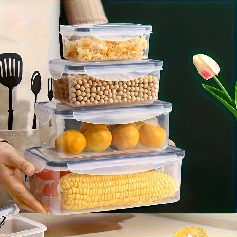 Hand placing a clear airtight container with locking lid onto a stacked set of food containers.