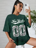 Women's v-neck short-sleeve T-shirt, dark green tie-dye with New York 10 graphic