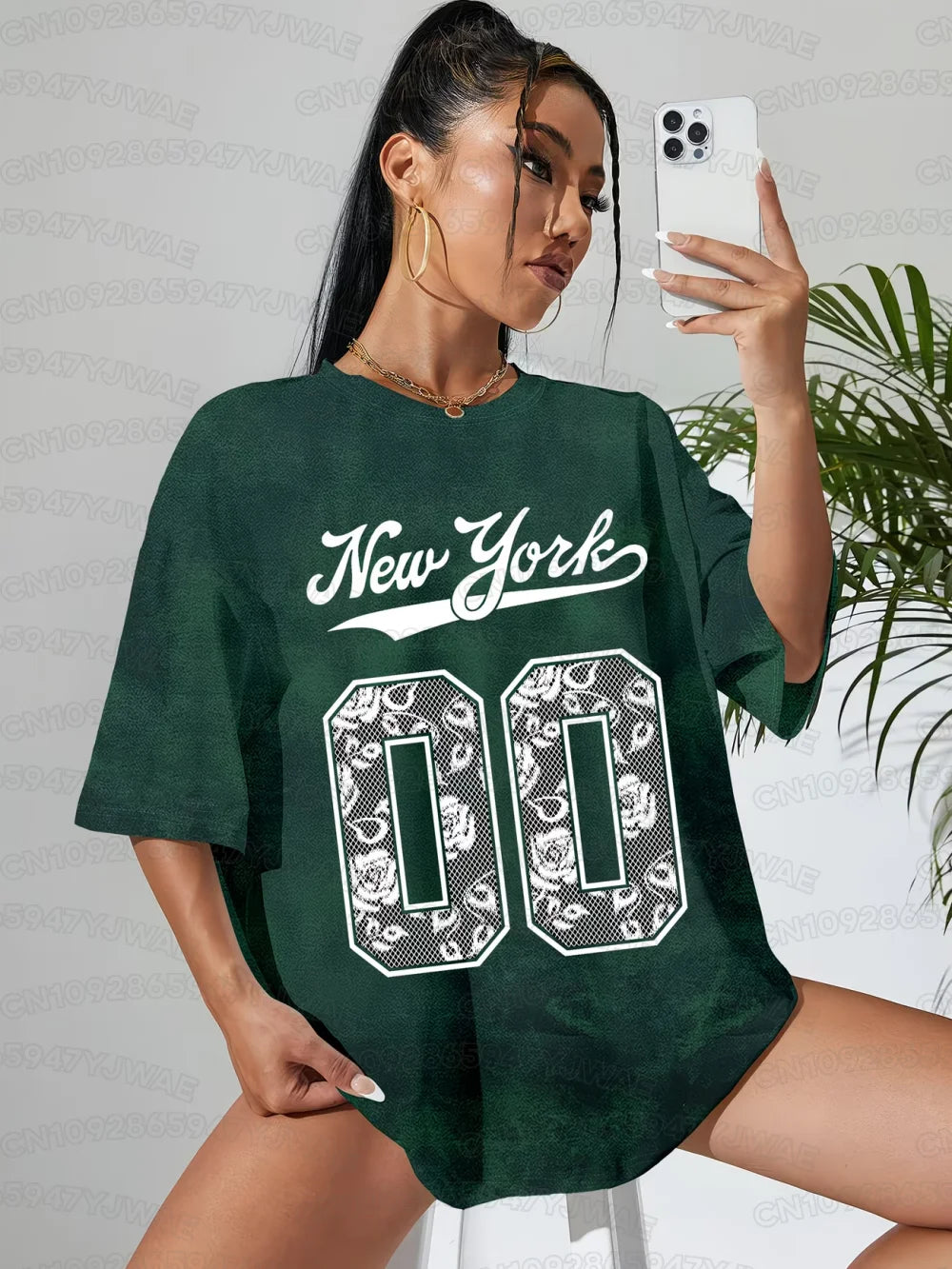 Women's v-neck short-sleeve T-shirt, dark green tie-dye with New York 10 graphic
