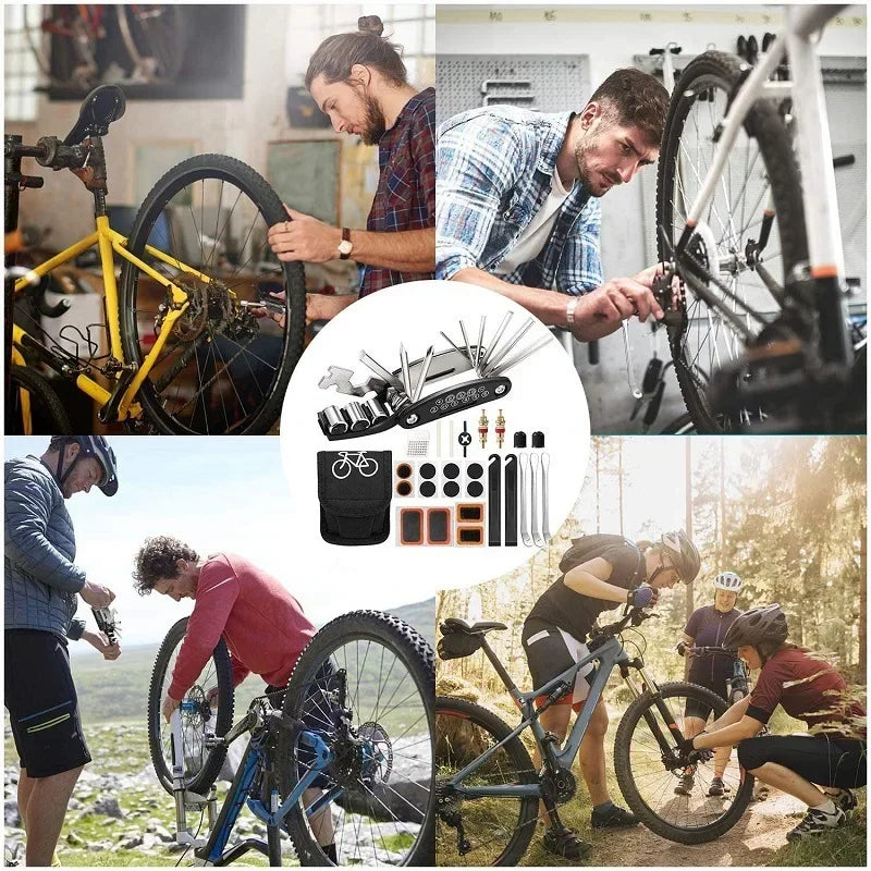 Bicycle repair tools kit with multi-tool and patch kit shown above bike repair work