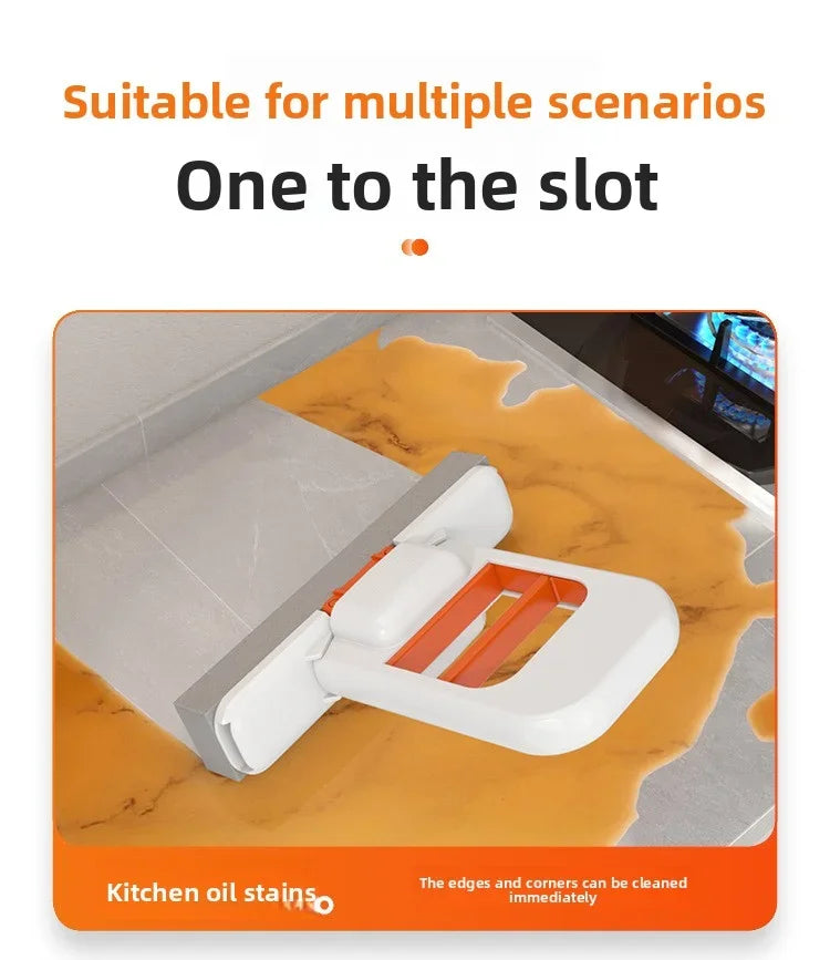 Desktop mop on tile surface with orange cleaning insert for kitchen oil stain removal