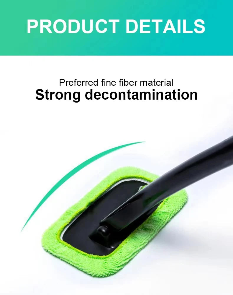 Car window cleaning brush with green microfiber pad on black squeegee-style head.