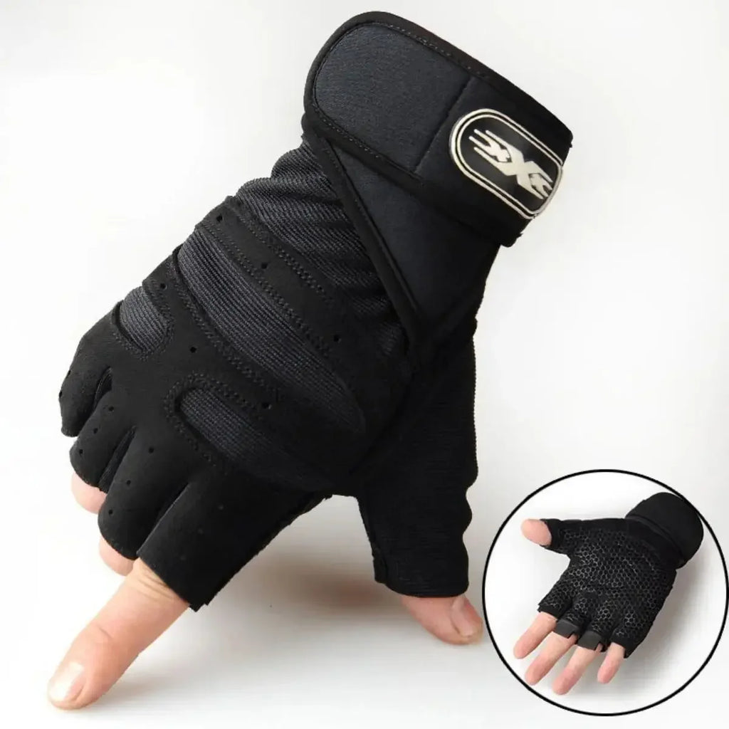 Black gym gloves with wrist strap and logo patch; close-up shows textured palm area.