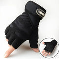 Black gym gloves with wrist strap and logo patch; close-up shows textured palm area.