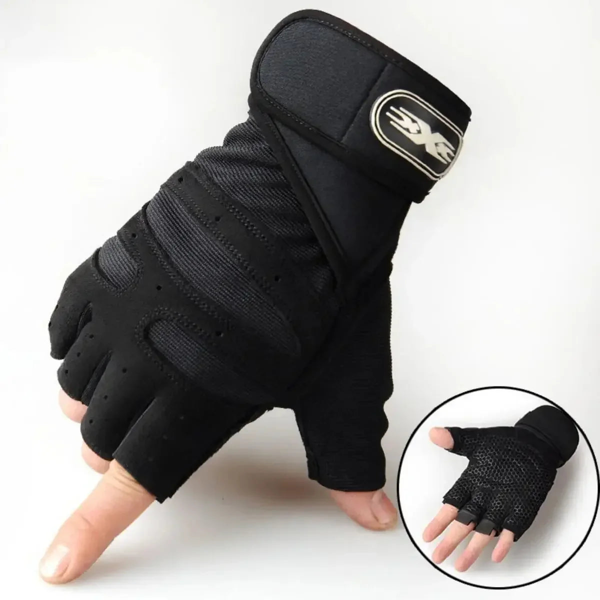 Black gym gloves with wrist strap and logo patch; close-up shows textured palm area.