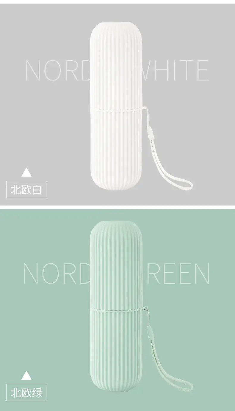 Toothbrush holder cases in white and green, ribbed design with wrist strap