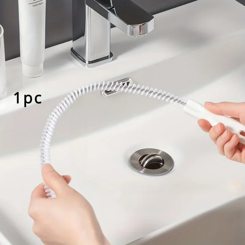 White flexible sewer brush with bent coil for cleaning sink drain hair clogs