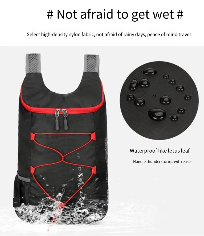 Black folding backpack with red piping and water-bead resistant fabric finish
