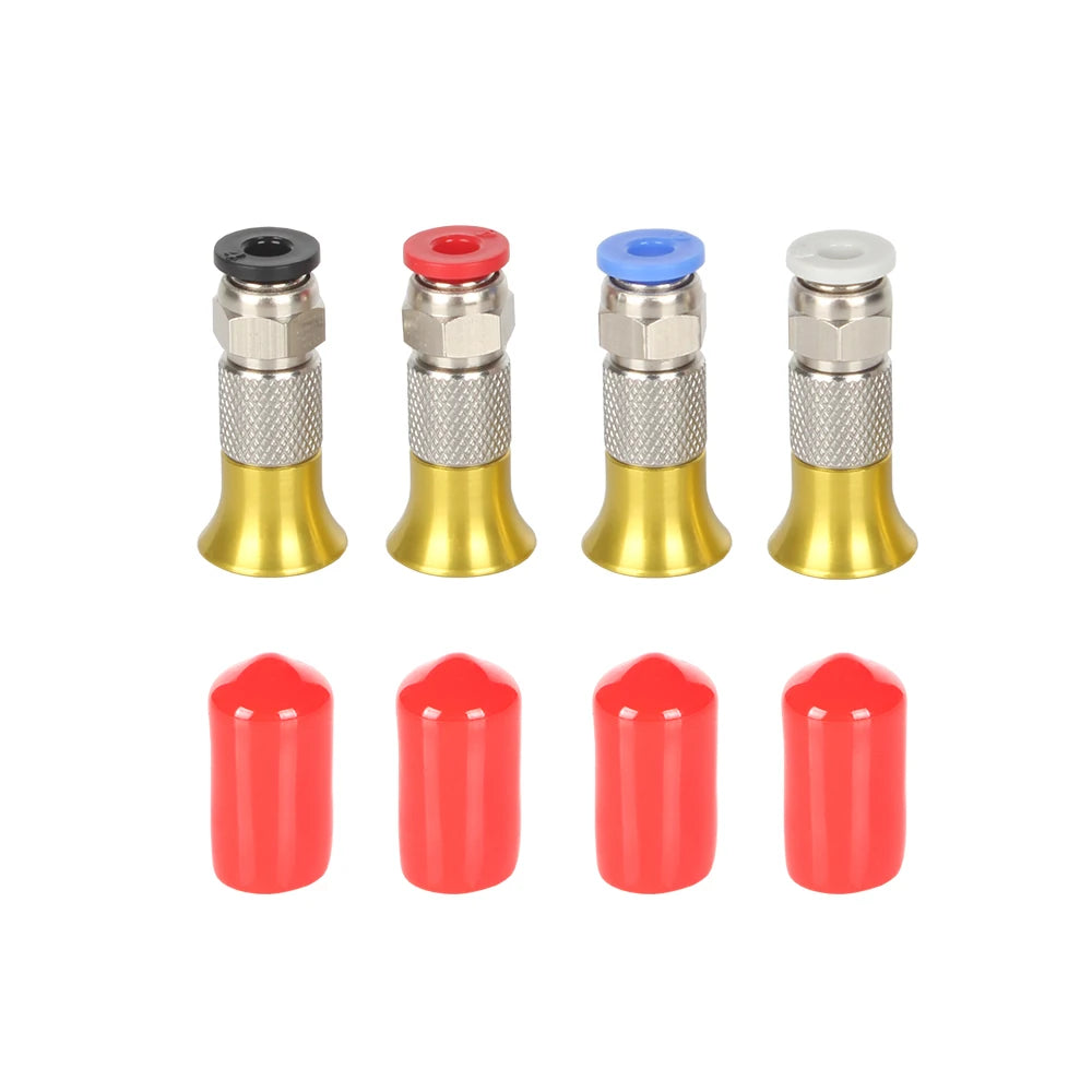 PTFE pneumatic fitting kit with four brass connectors, colored caps, and four red tube ends