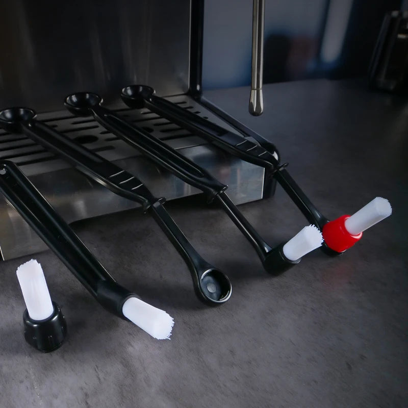 Detachable coffee cleaning brushes with white bristle tips and a red connector head