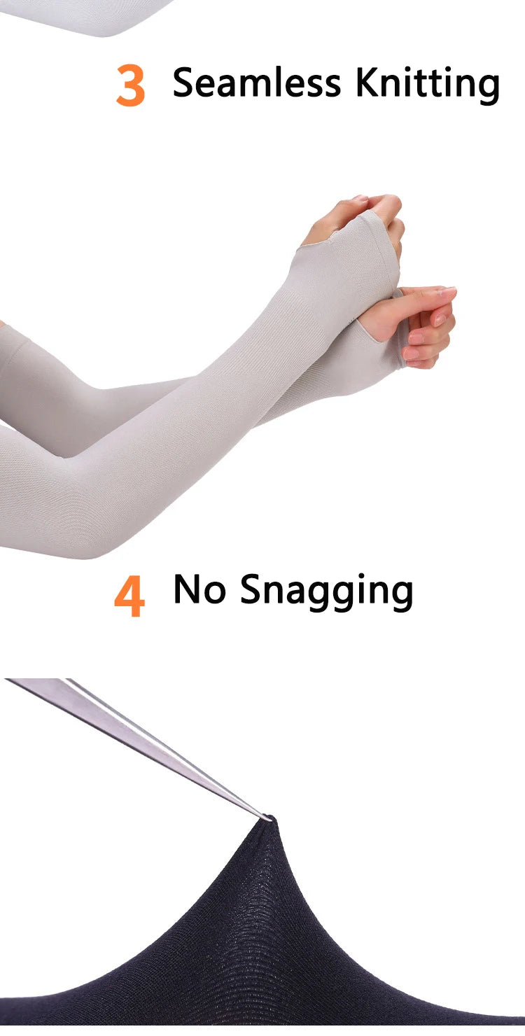 Seamless knit anti-UV arm sleeves in white and dark colors, no snags.