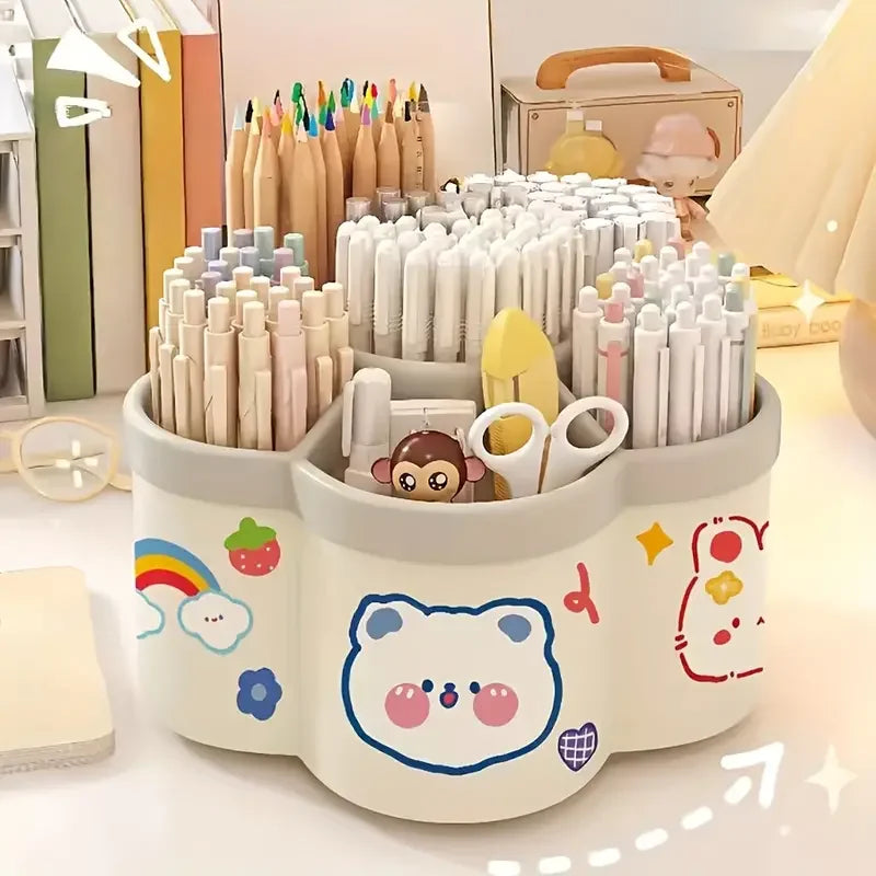 Cream rotating pen holder organizer with cute bear print, holds pens and scissors
