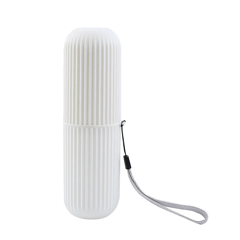 Travel toothbrush holder case, ribbed white cylinder with wrist strap