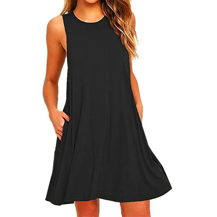 Black women's sleeveless swing T-shirt dress with side pockets