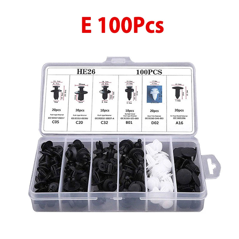 Auto push retainer clip kit 100PCS in organizer, black and white fasteners