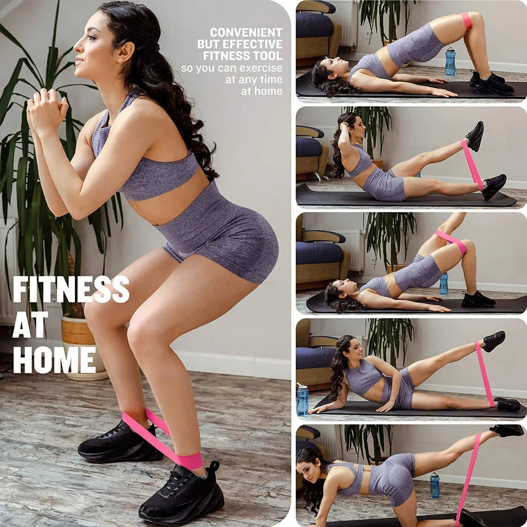 Pink resistance loop band around thighs during home fitness bridge and kickbacks
