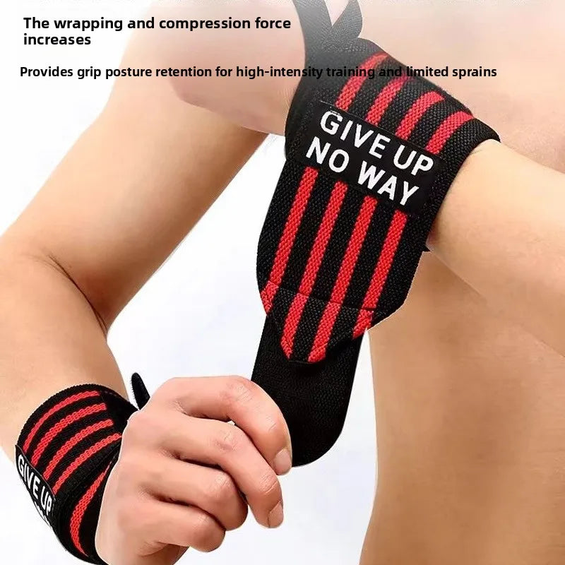 Wrist support brace strap, black knit with red stripe pattern secured on wrist