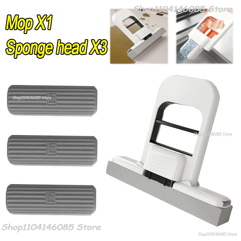 Desktop mini mop with white frame and orange sponge head, plus three gray replacement pads