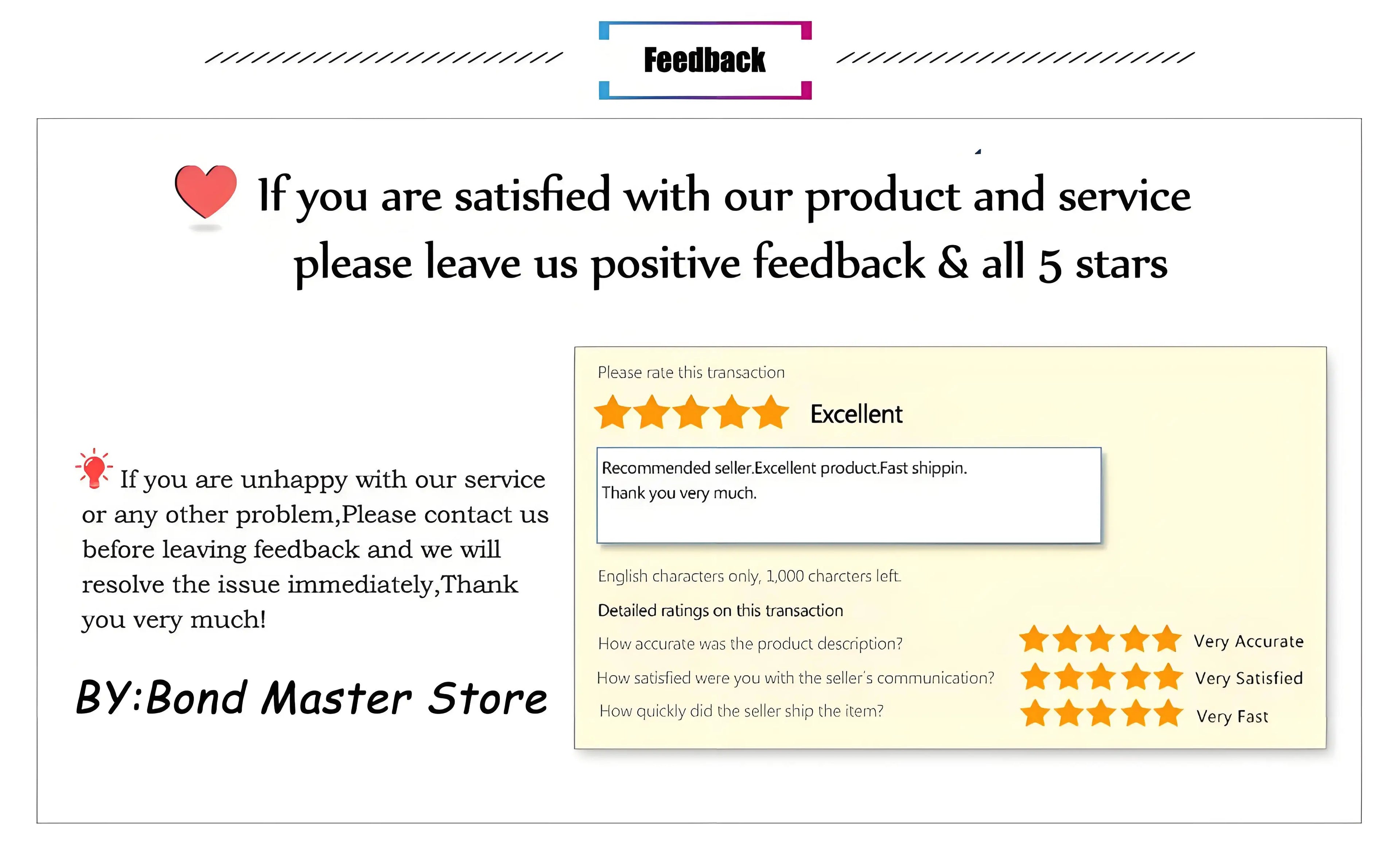 Customer feedback card with star ratings and service satisfaction message