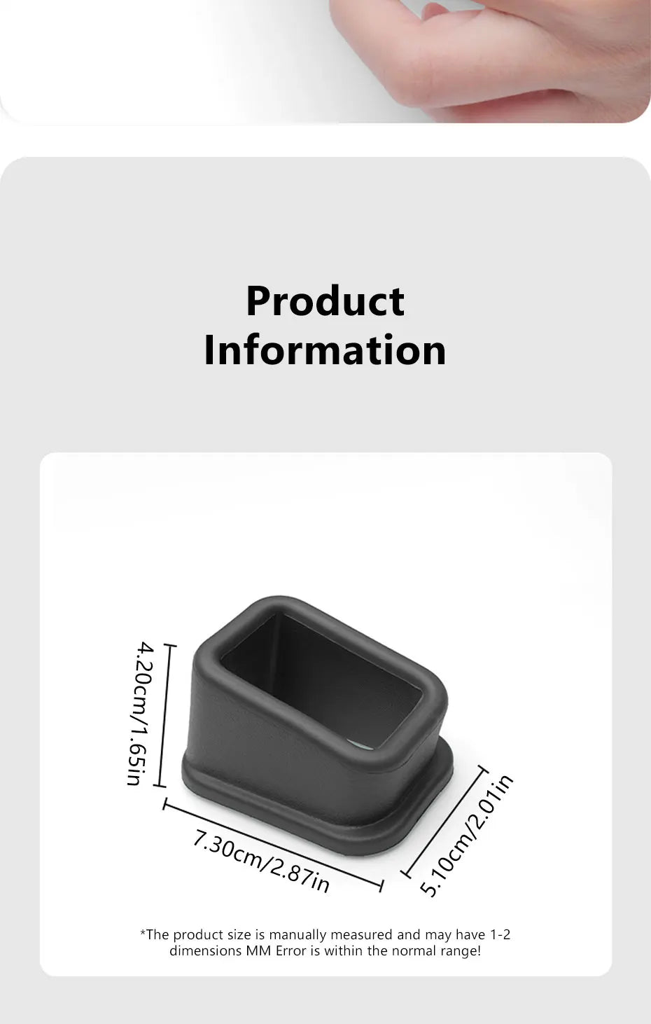 Dark gray seat belt buckle cover with open cradle, size diagram on white