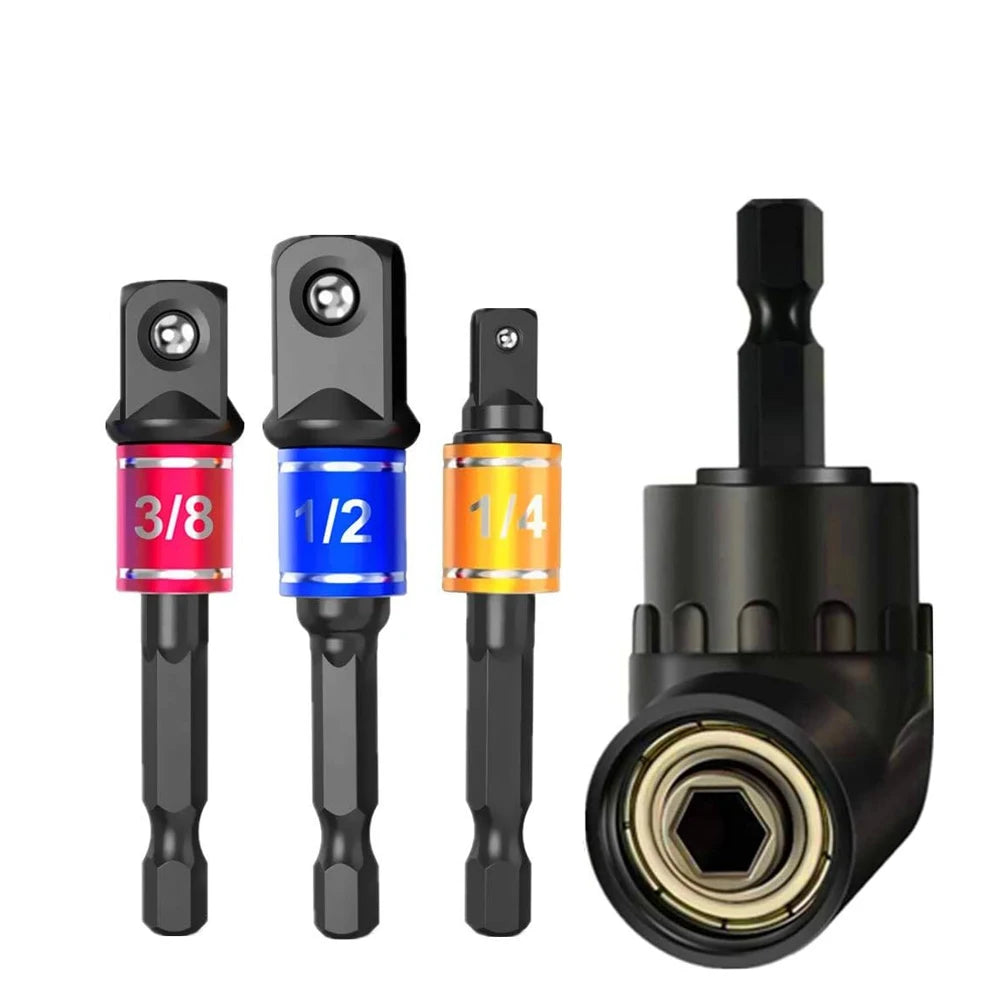 Three 105-degree angle socket adapters with 3/8, 1/2, and 1/4 markings