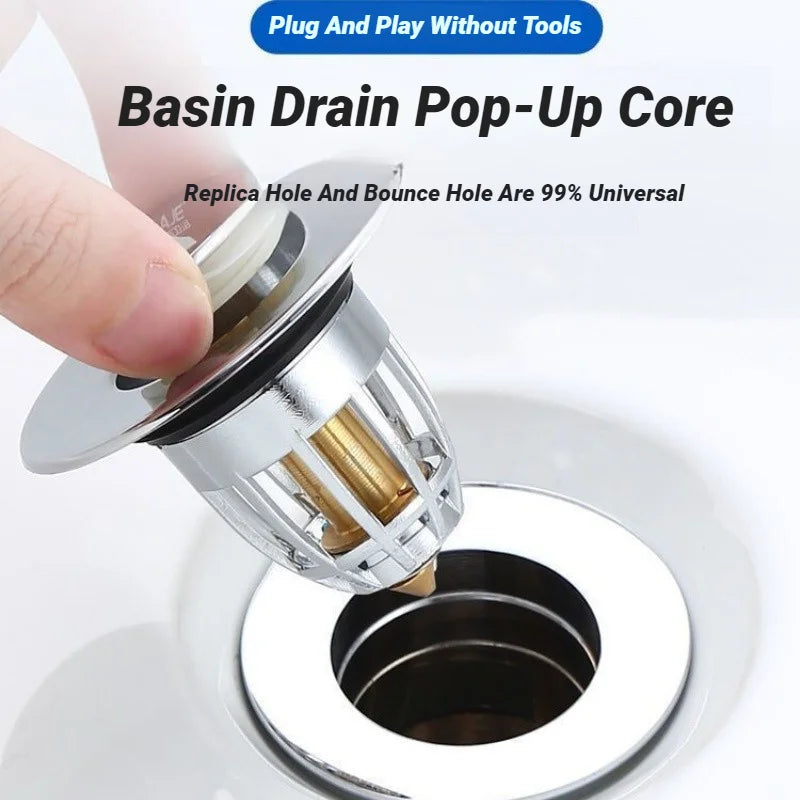 Basin pop-up drain stopper core with chrome rim and open strainer basket