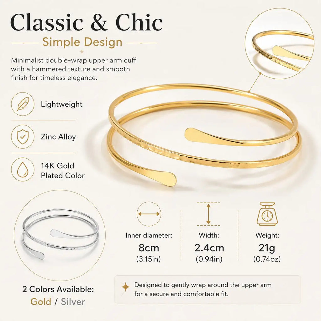 Gold-tone double-wrap upper arm cuff bracelet with smooth rounded ends, open design