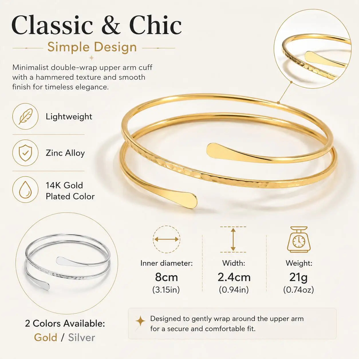 Gold-tone double-wrap upper arm cuff bracelet with smooth rounded ends, open design