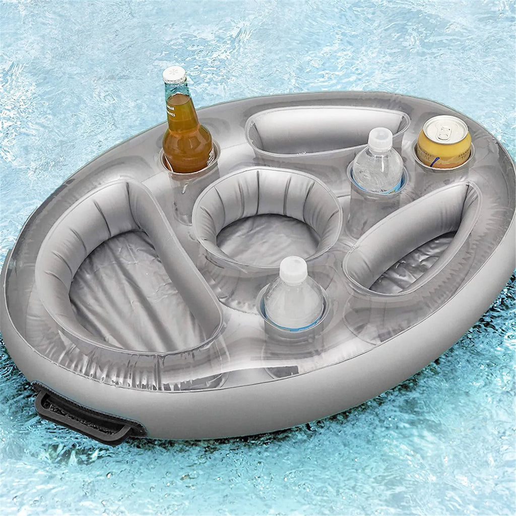Gray inflatable drink cooler float with cup holders and bottle rests in pool