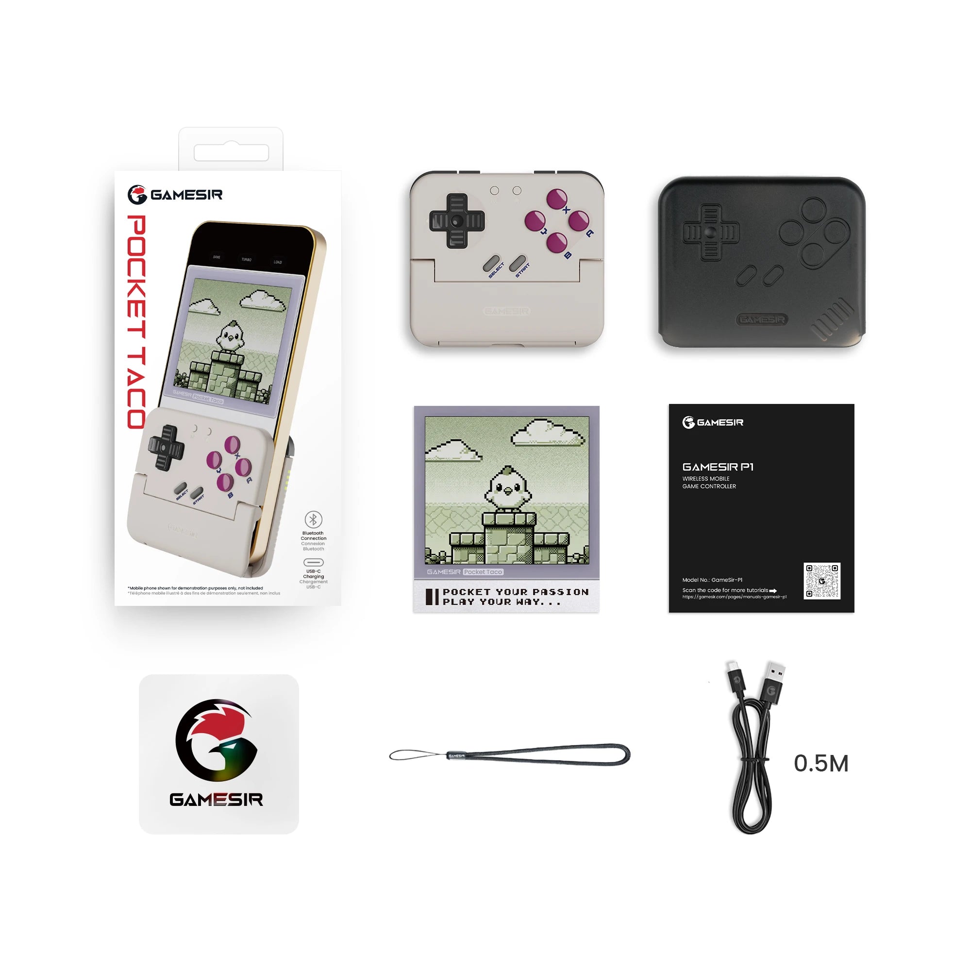 Pocket Taco controller package contents: cream handheld unit, card, logo, and 0.5M cable