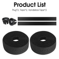 Black EVA bicycle handlebar tape set with two rolls and end plugs, perforated for grip