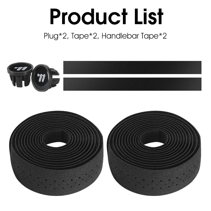 Black EVA bicycle handlebar tape set with two rolls and end plugs, perforated for grip