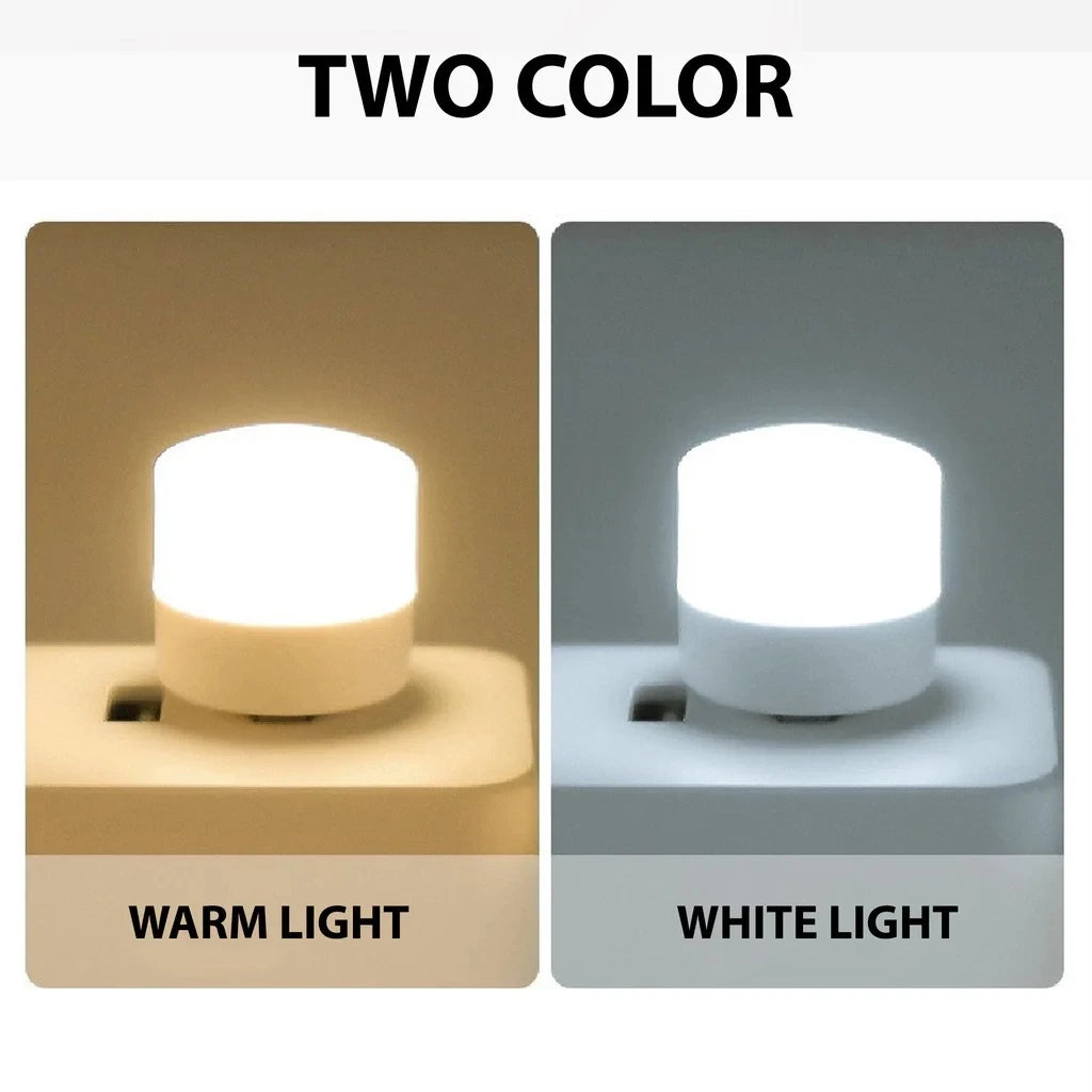 Two-pack mini USB night lights with warm and white glow, round bulb design