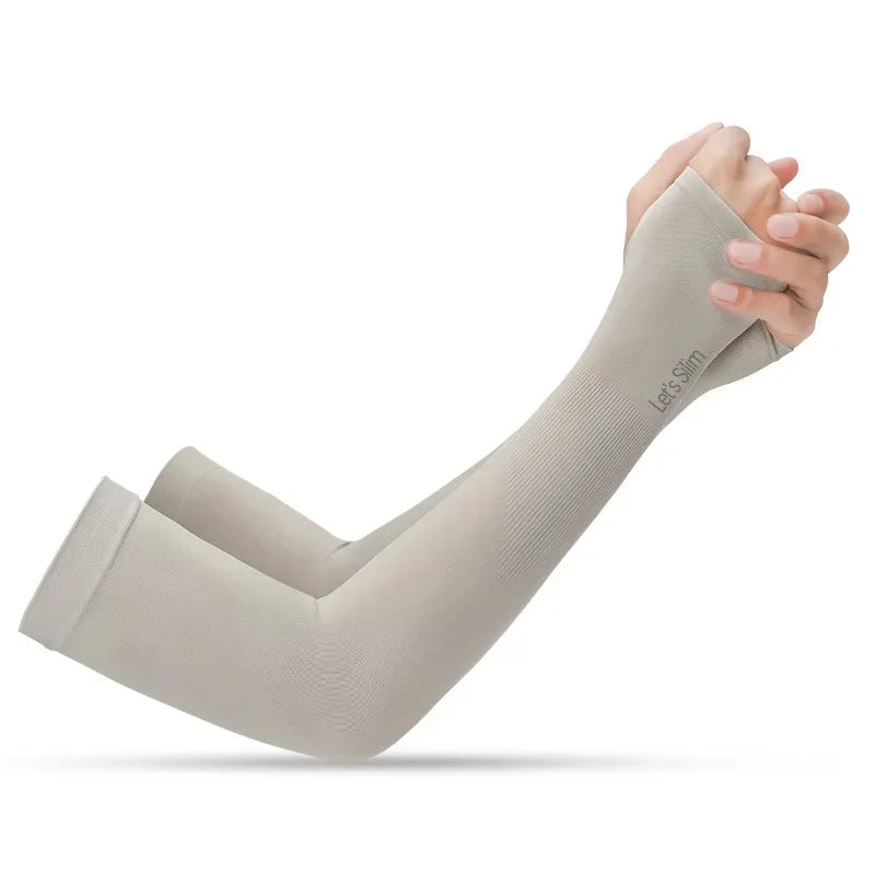 Light gray UV arm sleeve with thumb opening and elastic cuff