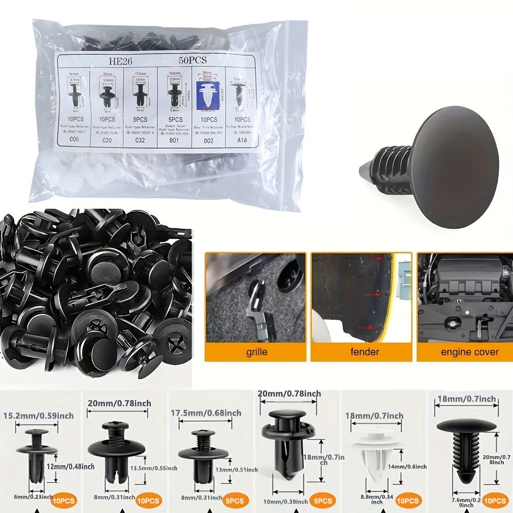 Auto fastener clip kit with mixed black push retainer clips and labeled pouch