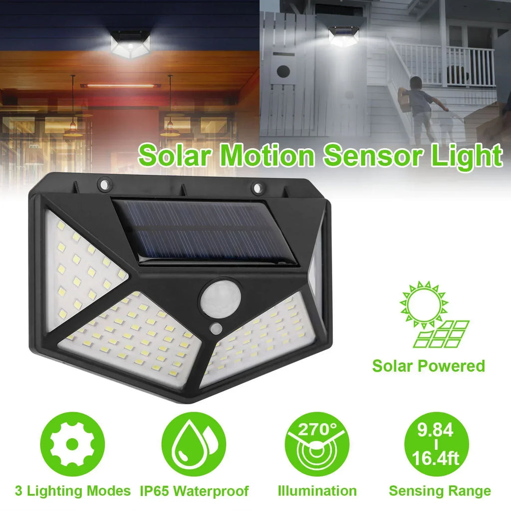 Black solar motion sensor light front view with solar panel centered above LED panels