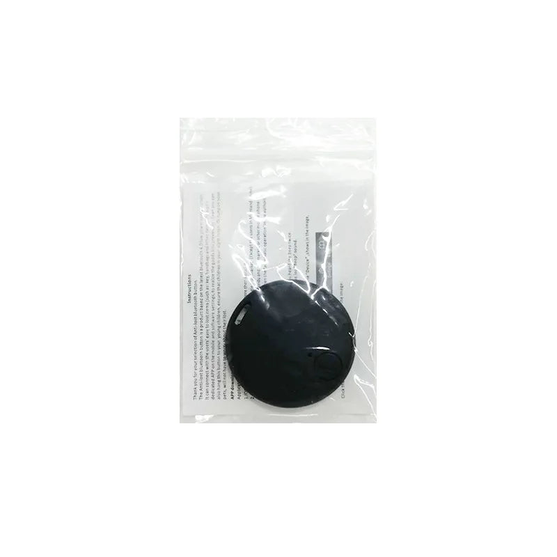 Black Bluetooth anti-lost tracker key fob in clear plastic pouch