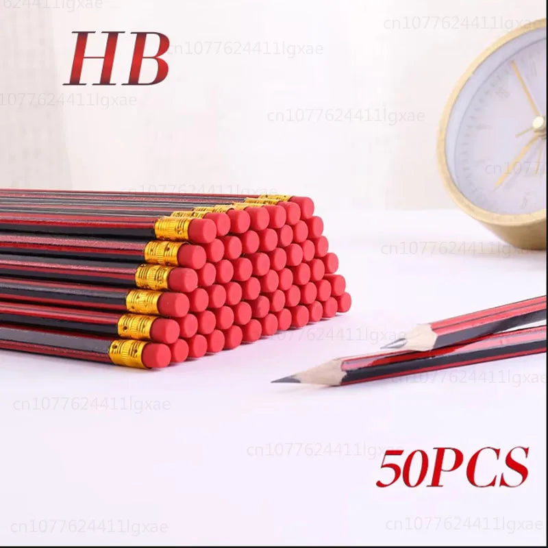 Red-and-black HB wooden sketch pencils stacked on a desk with sharpened tips.