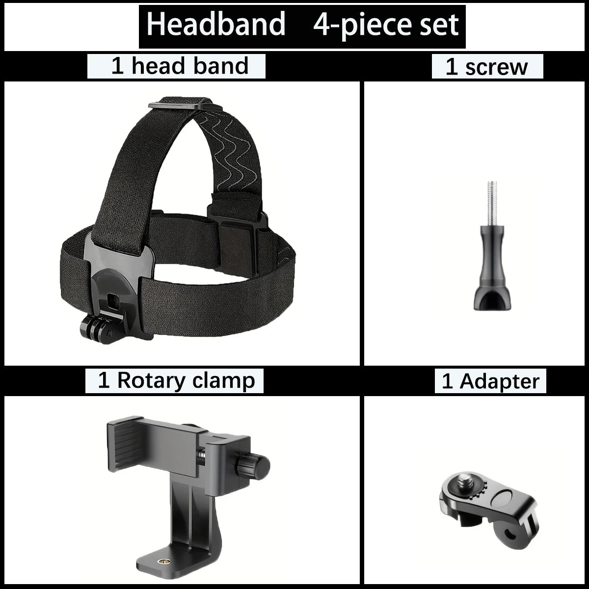 Headband 4-piece set with black fabric headband, rotary clamp, and mounting screw