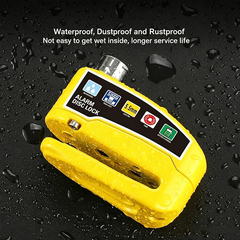 Yellow waterproof disc brake alarm lock with alarm label panel and water droplets