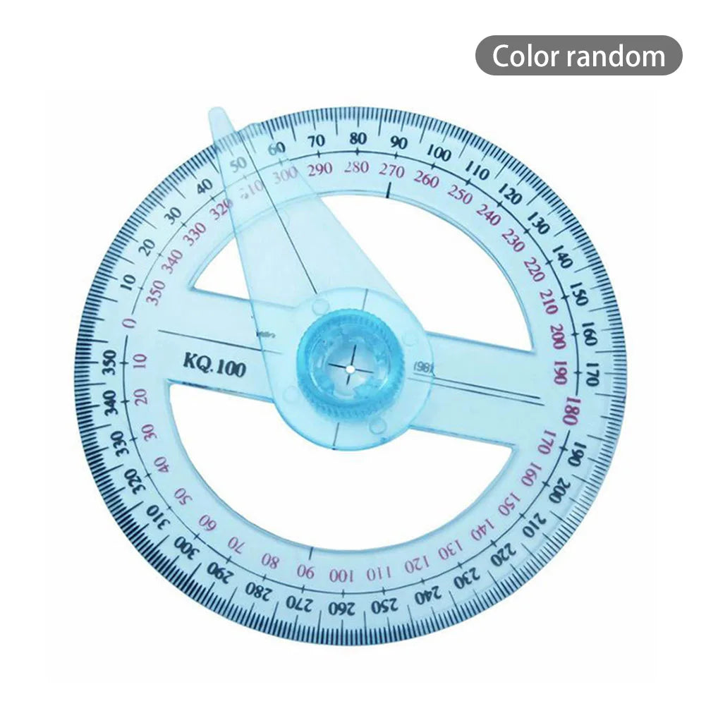 Blue plastic protractor with degree markings and center wheel