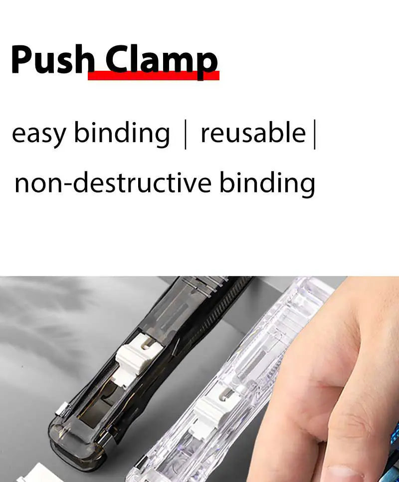 Reusable push clamp paper stapler, clear and black options with binding handle