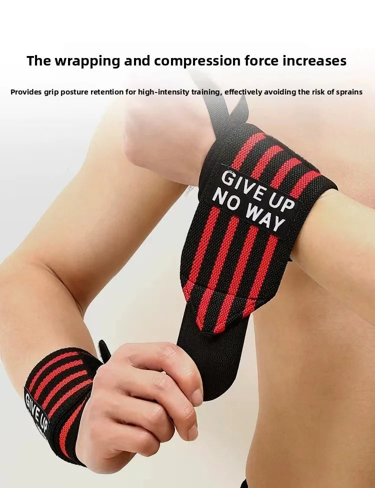 Wrist support brace strap pair, black knit with red stripes secured on forearm
