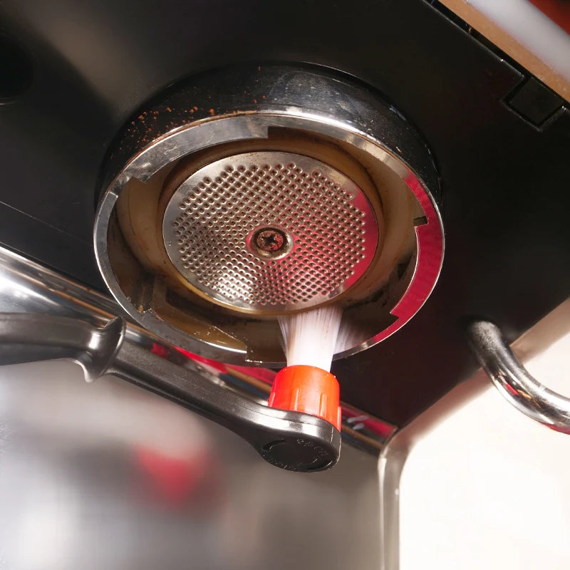 Coffee machine cleaning brush head with red nylon bristles, detachable circular nozzle