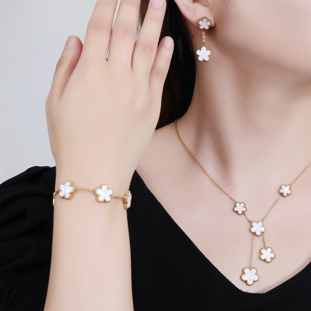 Gold-tone five-leaf flower charm necklace and bracelet with stud earrings