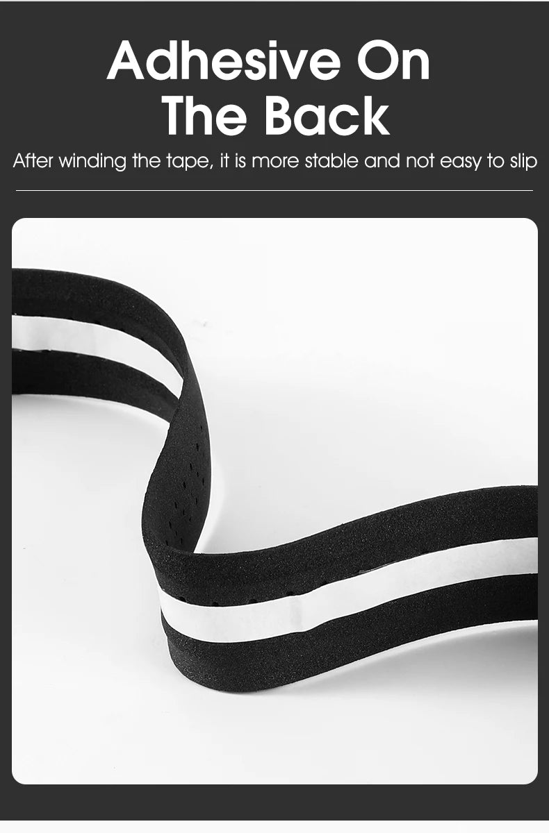 Black bicycle bar tape strip with adhesive-backed end, textured and perforated